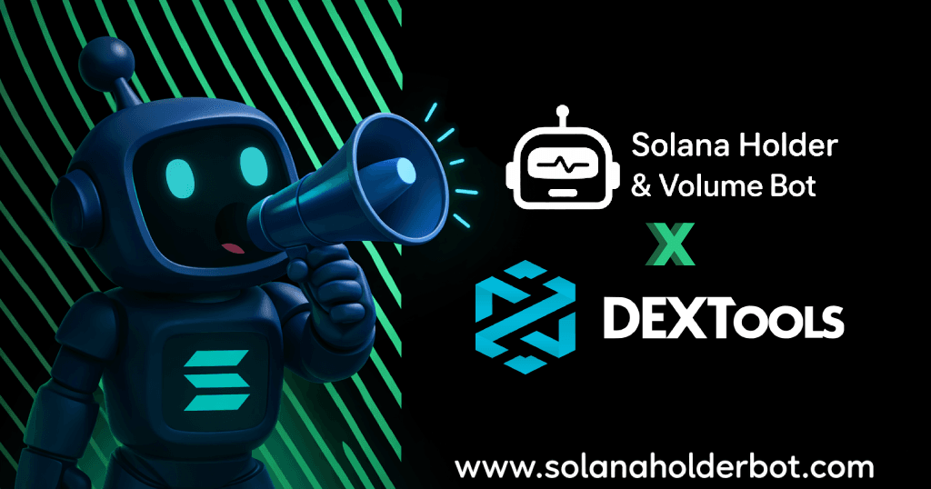 SolanaHolderBot real-time dashboard pushing a Solana token to Dextools Hot Pairs #1 with surging volume and holder count