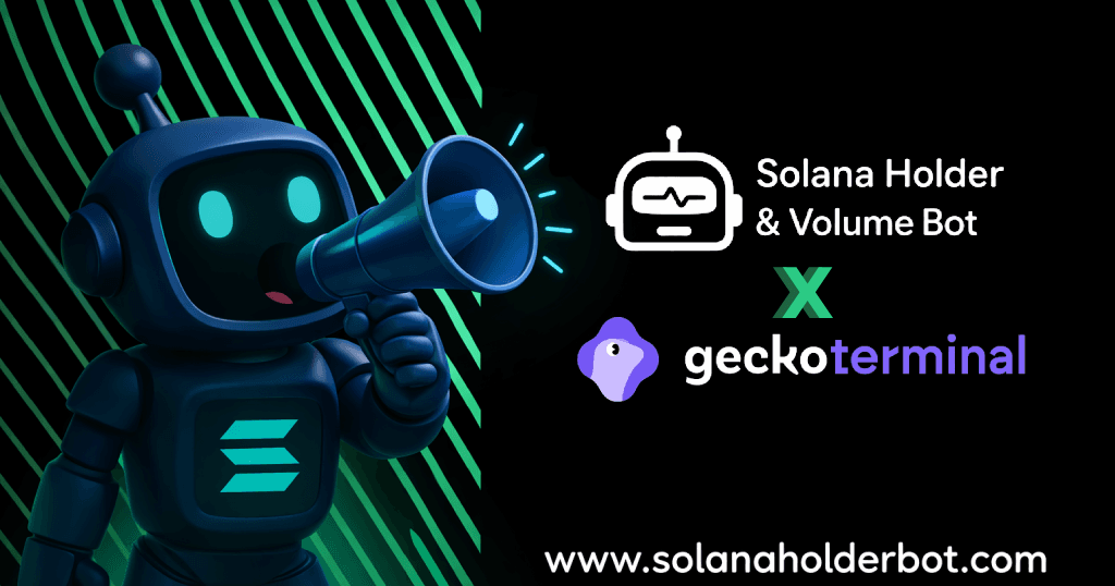 SolanaHolderBot Telegram interface showing live holder addition and volume impact pushing tokens to GeckoTerminal trending lists