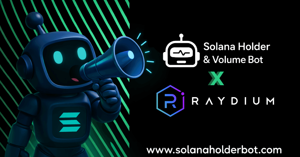 SolanaHolderBot Telegram interface pumping authentic volume into a Raydium pool with live stats and zero fee confirmation