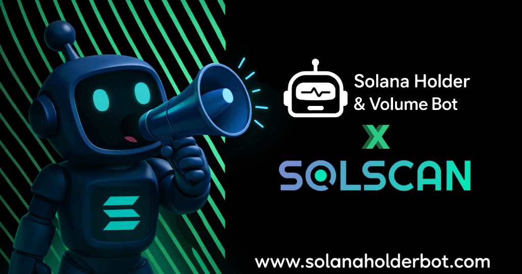SolanaHolderBot Telegram dashboard illustrating real-time holder additions and volume surges impacting Solscan trending metrics